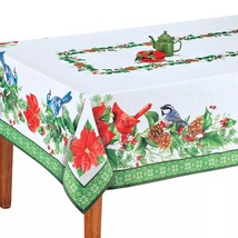 Birds Poinsettia Festive Printed Tablecloth Rectangle - $44.99