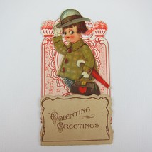 Vintage Valentine 3D Pop Up Die Cut Boy Green Coat &amp; Hat Red Umbrella Black Bag - £11.93 GBP
