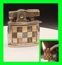 Unique Vintage Silver Plated Checkerboard Mother Of Pearl Petrol Lighter Working - £38.91 GBP