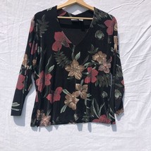 Black w Red Brown Flowers Top Additions Chico&#39;s Size 2 Large Acetate - £19.45 GBP