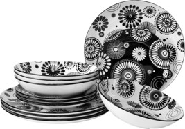 Floral Dinnerware Set For 4 Porcelain Dishes Plates Bowls Black White 12... - £39.86 GBP