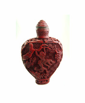Chinese Cinnabar Red Carved Lacquerware Snuff Bottle Monkeys Playing and... - $240.00