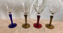 Set Of 4 Twisted Colored Stem Clear Bowl Cordial Sheri Glasses - £13.54 GBP