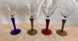 Set Of 4 Twisted Colored Stem Clear Bowl Cordial Sheri Glasses - £13.58 GBP