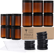 12 Pack, 8 OZ Thick Amber round Glass Jars with 12 Metal Lids &amp; 12 Plastic Lids  - £21.55 GBP