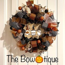 13 inch Halloween Ribbon Wreath Black &amp; Linen Gnome MW11 - $50.00