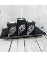 Peacock Embellished 4pc Votive Candle Holders &amp; 11&quot; Tray Black Silver Bl... - £22.96 GBP