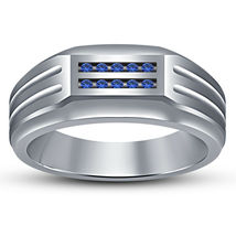 1.30 Ct Blue Sapphire 14K White Gold Finish 925 Silver Men&#39;s Wedding Band Ring - £66.47 GBP