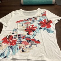 Coral Bay Shirt Womens Petite L White Beach Hawaii Plumeria Short Sleeve... - $6.93