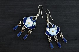 Floral Vintage Earrings, Mexican Dangle Earrings with Blue Enamel and Abalone  - £13.44 GBP