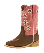 Kids Girls Leather Western Boots Pink Leather Flowers Square Toe Size 12... - $1,045.18 MXN