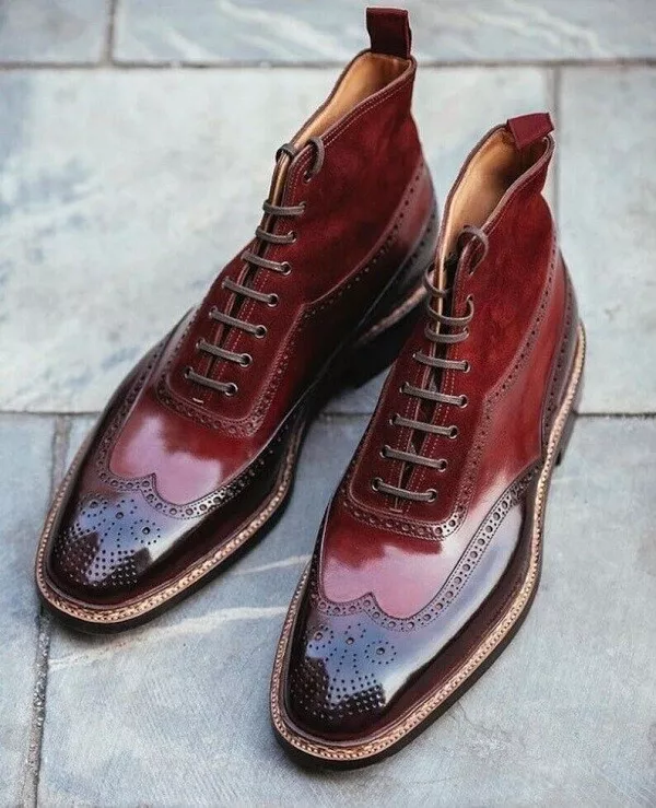 Handmade Two Tone Brown &amp; Maroon Leather Oxford Brogue Wingtip Lace Up Boot - $179.99