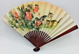 Vintage Chinese Japanese Cats And Roses Paper &amp; Wood Hand Fan - £9.27 GBP