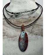 Blue and Maroon Resin Pendant with Copper Wire Wrapped Bail on Leather C... - $14.99