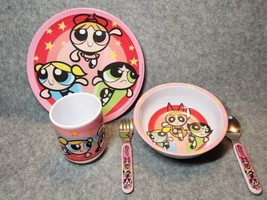 Vtg PowerPuff Girls Plastic Plate Bowl Cup Fork Spoon Collectible Set Ne... - £66.02 GBP