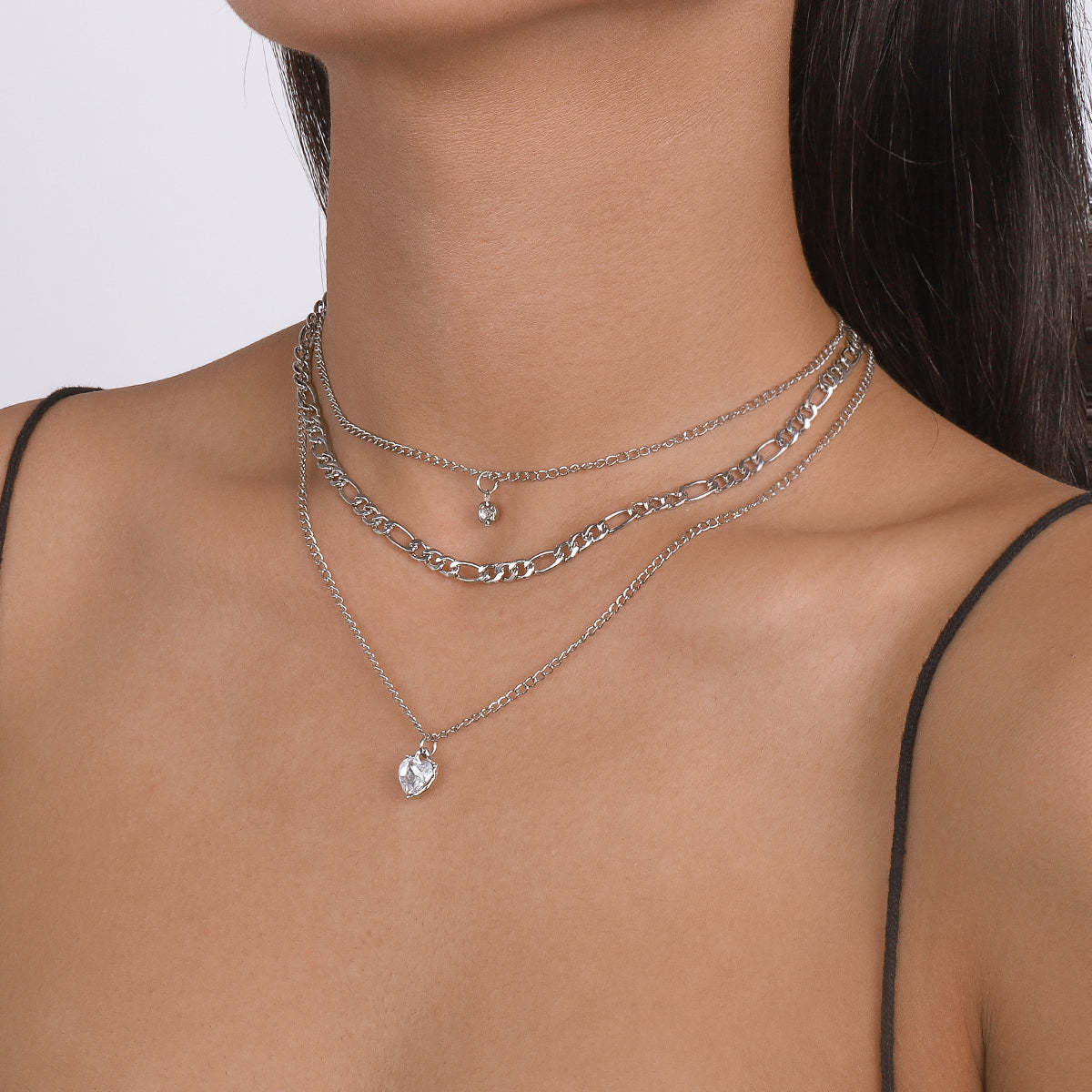 Cubic Zirconia & Silver-Plated Heart Pendant Layered Necklace Set - £11.14 GBP