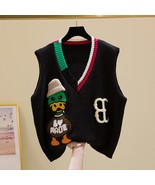  Duck Embroidery Vintage V-Neck  Sweaters Women Vest Korean Fashion Slee... - £79.57 GBP
