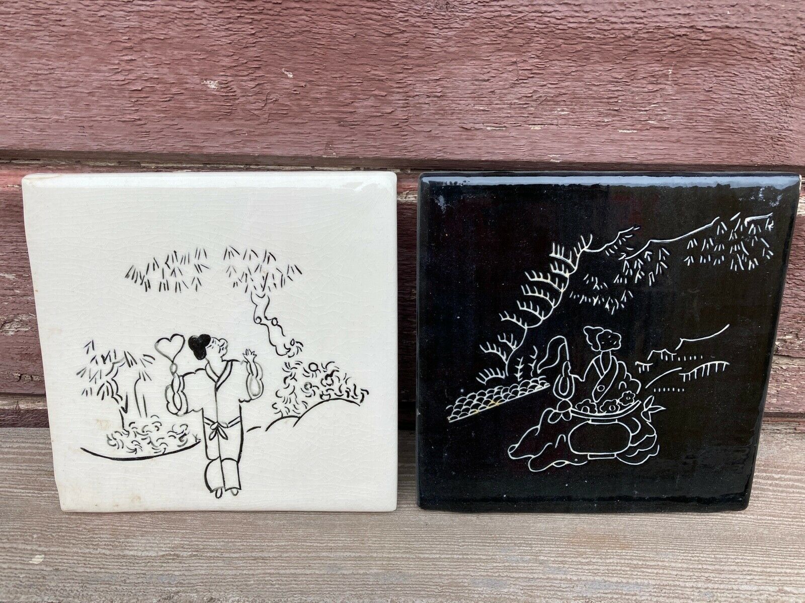 Primary image for Pair 2 Vintage MCM Marte Ceramics Black White Painted Tiles date 1963 Asian 