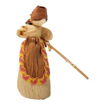 Vintage Primitive Folk Art Corn Husk Woman Doll w/ Garden Rake Ornament 4.75x3” - £18.38 GBP