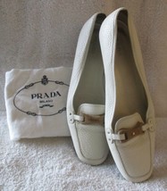 Women&#39;s Prada Off White Pebble Leather Logo Slip On Flats with Prada Dust Bag - £177.91 GBP