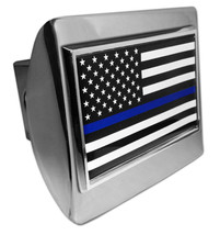 POLICE THIN BLUE LINE USA FLAG SHINY CHROME USA MADE METAL TRAILER HITCH... - £60.04 GBP