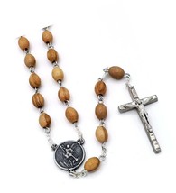 St. Michael Medal Rosary Olive Wood Beads Metal Crucifix - £54.89 GBP