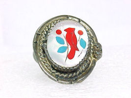 CARDINAL BIRD Mother of Pearl Turquoise Coral Sterling Silver RING-Artis... - $95.00
