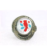 CARDINAL BIRD Mother of Pearl Turquoise Coral Sterling Silver RING-Artis... - £74.70 GBP