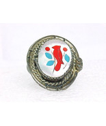 CARDINAL BIRD Mother of Pearl Turquoise Coral Sterling Silver RING-Artis... - $95.00