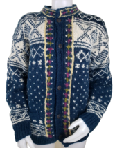 Vtg Nepal Nordic Sweater Womens M Blue Fair Isle 100% Wool Handmade Cardigan - £56.43 GBP