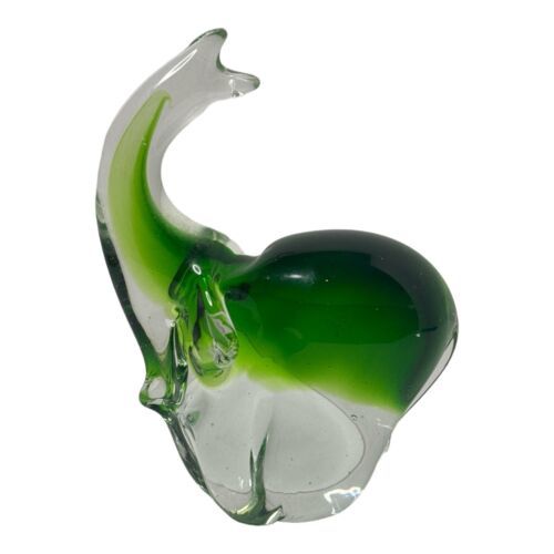 Primary image for VINTAGE GREEN CLEAR GLASS ELEPHANT FIGURINE PAPERWEIGHT TRUNK UP ART GLASS