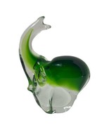 VINTAGE GREEN CLEAR GLASS ELEPHANT FIGURINE PAPERWEIGHT TRUNK UP ART GLASS - £17.14 GBP