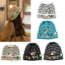 Hatzzi - Decorative Buttons Winter Knit Stripe Beanie - £14.22 GBP