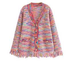 Women Rainbow Color Knitted Tassel Vintage Single Breasted Sweater Cardi... - $35.00