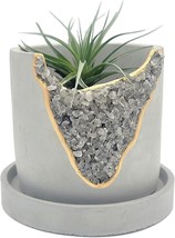 Smoky Quartz 4 Inch Crystal Plant Pot With Saucer, Cement Geode Planter, - £36.76 GBP