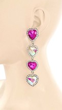 4&quot; Long AB &amp; Hot Pink Crystal Heart Cascade Linear Statement Party Earrings - £16.66 GBP