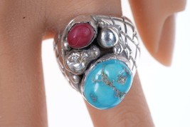 Sz8.25 Vintage Navajo Sterling turquoise and coral men&#39;s ring - £202.97 GBP