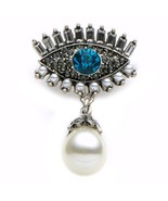 EVIL EYE PIN 1.8&quot; Sparkling Rhinestone Brooch Silver Plate Faux Pearl Bl... - £7.07 GBP