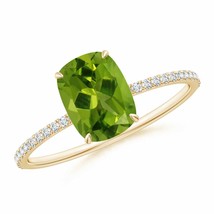 ANGARA Thin Shank Cushion Cut Peridot Ring With Diamond (Grade-AAAA, Size-8x6) - £859.74 GBP