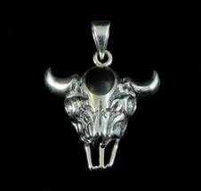 Handcrafted Solid 925 Sterling Silver BULL SKULL Skeleton Pendant w/Black Onyx - £22.12 GBP