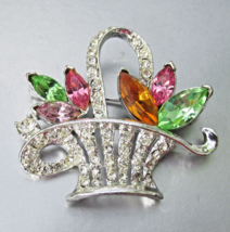 Vintage Silver Tone Multi-Color Marquise Rhinestone Flower Basket Brooch... - $19.75