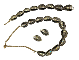 Necklace Bracelet &amp; Clip Earrings Set Silver Tone Black Leaf with Rhinestones - £19.67 GBP