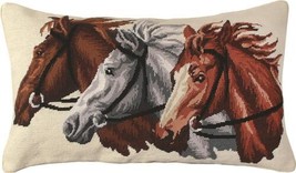 Pillow Throw Trio Horses 16x28 28x16 Down Insert Cotton Velvet Back Wool - £277.96 GBP