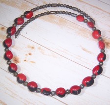 Necklace Red Black Gray Metal Bead Memory Wire Handmade One Size Fits Most Lt MA - £11.94 GBP