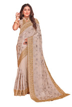Designer Beige Resham Zari Embroidery Work Sari Crepe Silk Party Wear Saree - £70.58 GBP