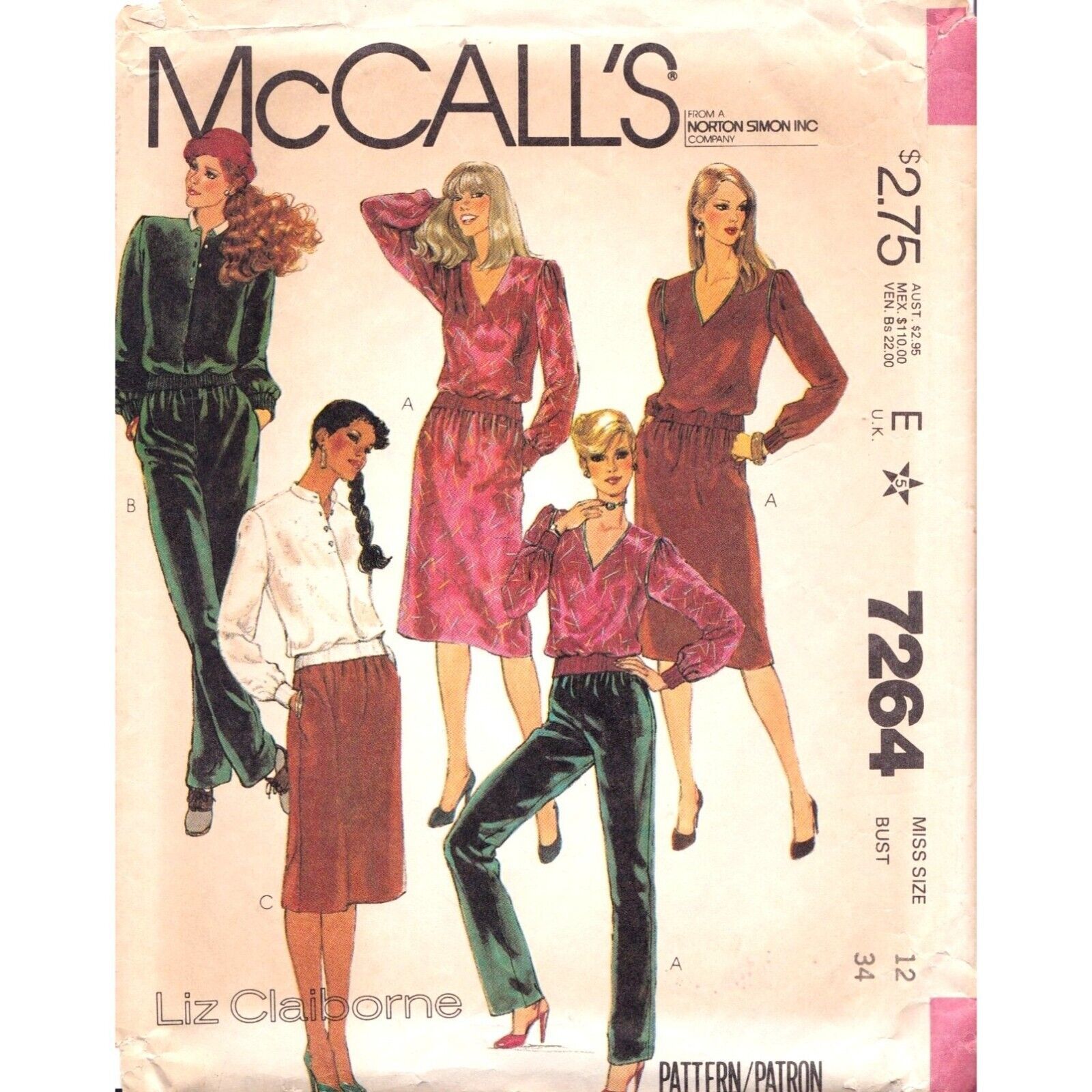 Vintage Sewing PATTERN McCalls 7264, Liz Claiborne 1980 Misses Tops Pants - $11.65