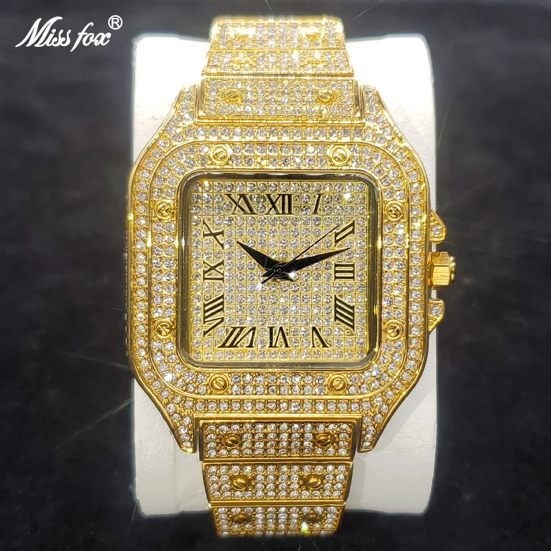 Classic Square Watch Luxury Full Diamond High Quality Quartz Watches Men... - $75.76