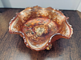 Fenton Carnival Berry Bowl Candy Dish Glass Marigold Panther Footed Ruffled Vtg - £12.51 GBP