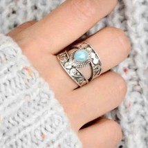 Vintage Style Chunky Band Ring Inlaid Turquoise Jewelry Gift Size 6.5 - £15.42 GBP