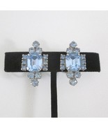 Vintage Emerald Cut Blue Rhinestone Clip On Earrings Silvertone Mid Century - $24.72